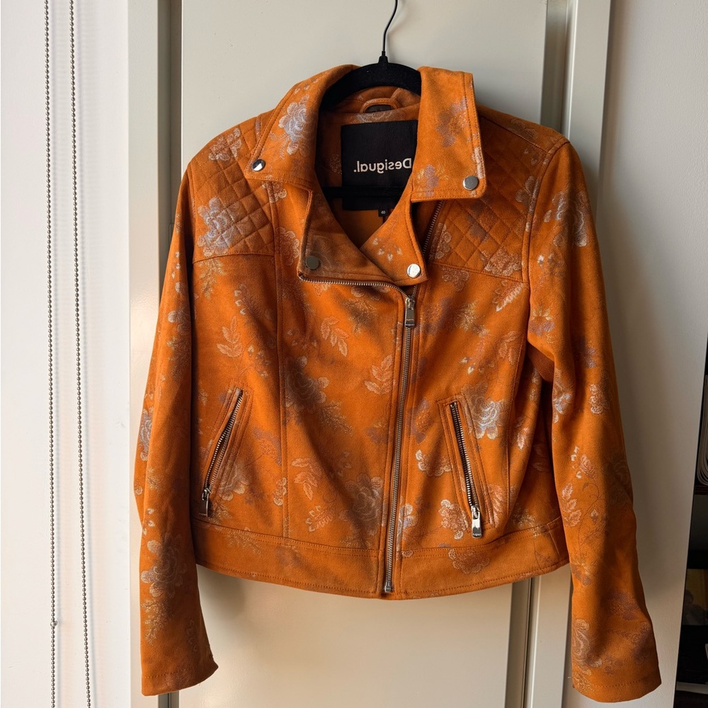 Desigual Women's Orange Leather Jacket with Silver Accents